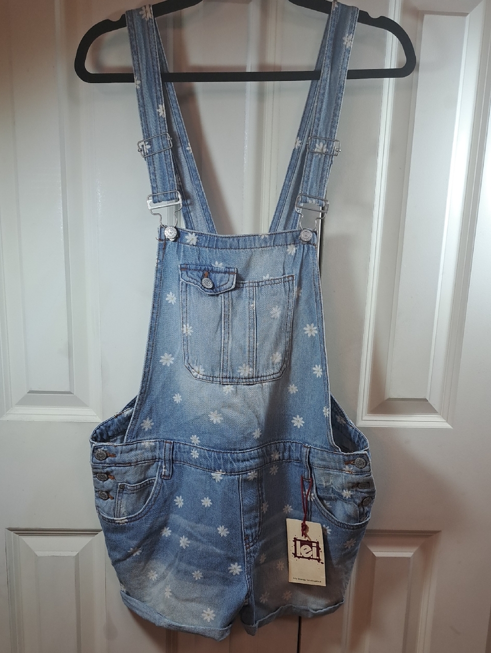 lei Light Blue Daisy Print Denim Short Overalls